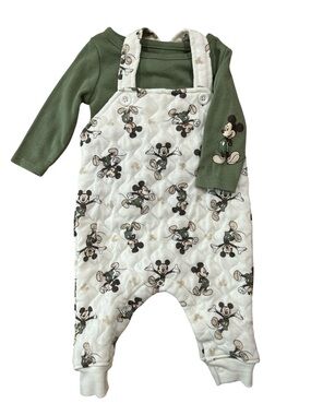 Disney Green Long Sleeve Tee with Cream Mickey Quilted Overalls